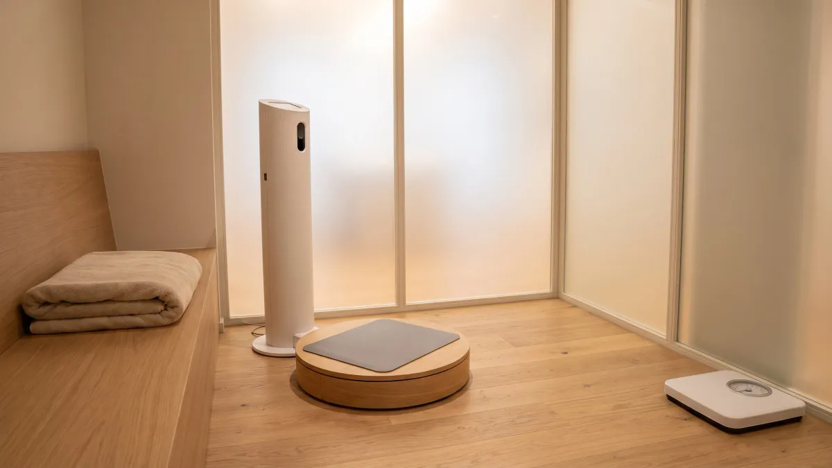 A 3D body scanner tower and turntable in a quiet, softly lit clinic room