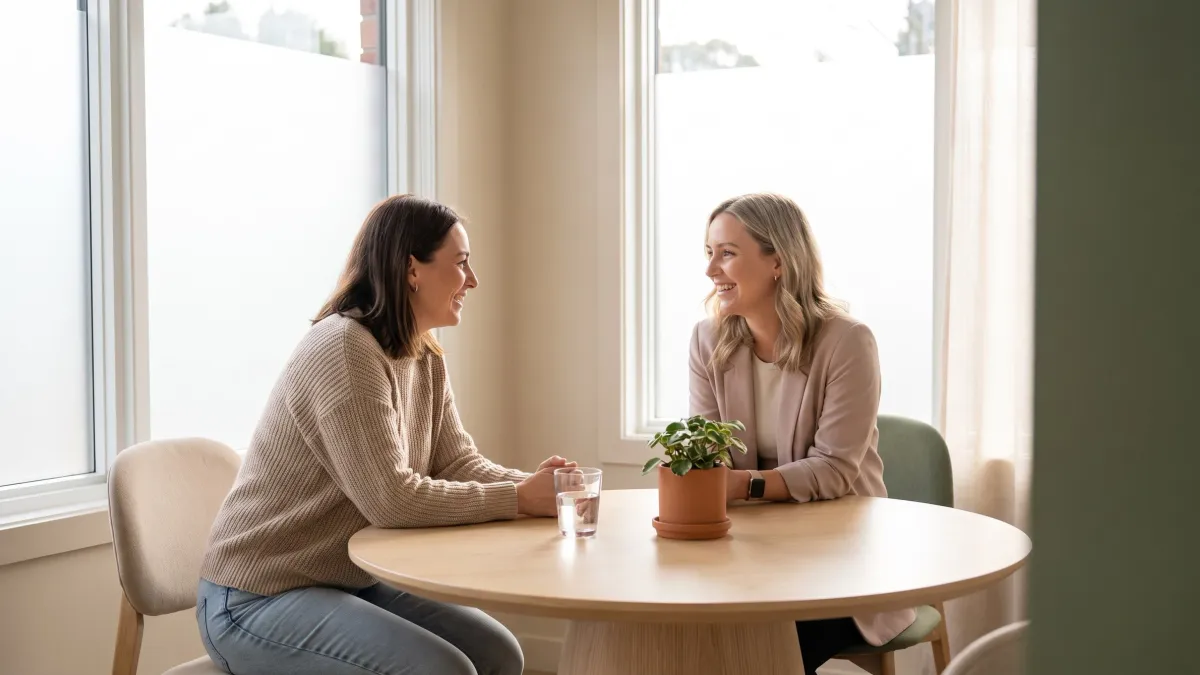 A woman and a clinic consultant talking across a table during a relaxed consultation