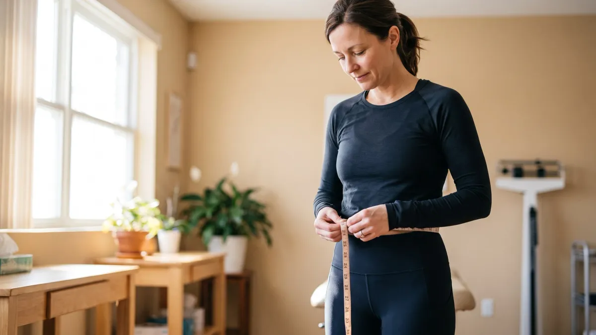 A woman measuring her waist with a soft tape measure in a bright clinic room