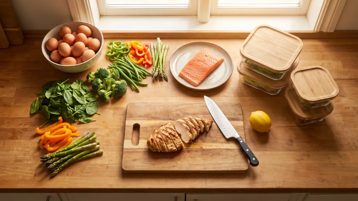 Grilled chicken, salmon, eggs and fresh green vegetables laid out on a kitchen counter for a week of meal prep