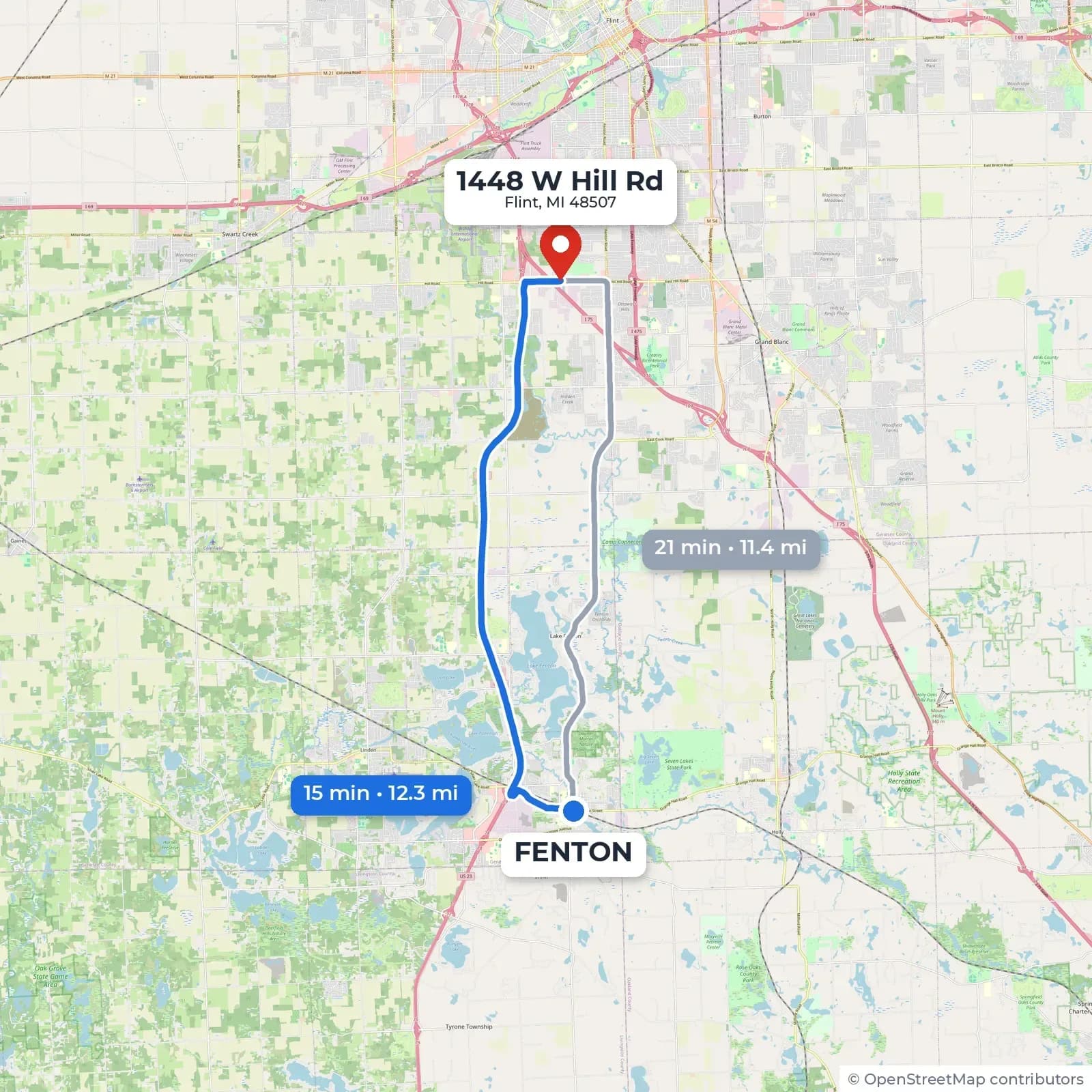 Map of the drive from Fenton to Body Trim at 1448 W Hill Rd in Flint